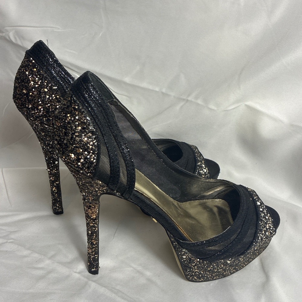 Bebe Womens Black Glitter Mesh Platform‎ Peep Toe Stiletto Pumps Heels Size 9
